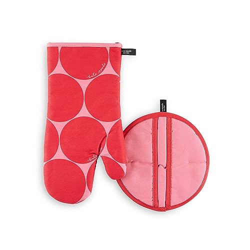 Kate Spade New York Joy Dot Oven Mitt & Pot Grabber 2-Pack Set, 7' x 13', 8' Round, Red/Rose Pink