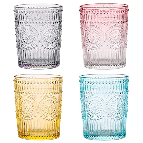 Amzcku Colored Drinking Glasses Set of 4, Vintage Glassware 10 oz- For Cocktails, Mixed Drinks, Whiskey, Beverage, Water, Milk and Juice