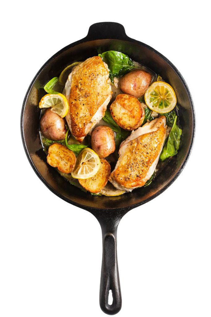 Crispy Roast Chicken with Potatoes, Spinach, and Lemon Gluten-Free Recipe