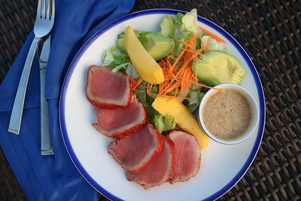 Gluten-Free Seared Honey-Chili Ahi Tuna Salad with Oriental Dressing, Avocado, and Mango Recipe