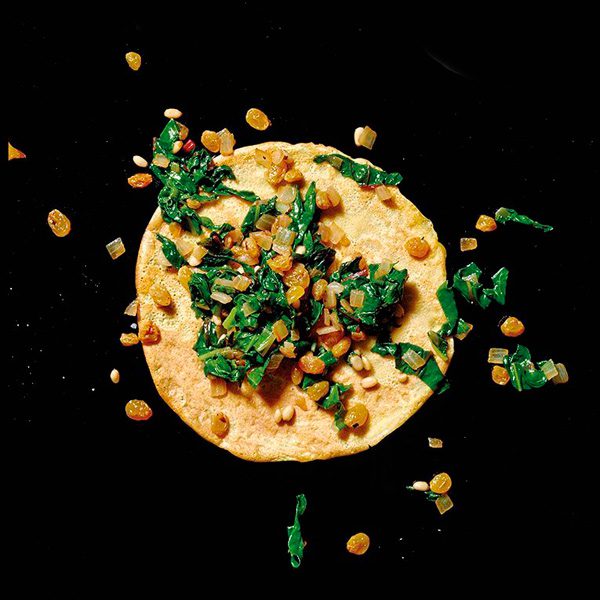 Gluten-Free Chickpea Crepes with Swiss Chard, Golden Raisins, and Pine Nuts