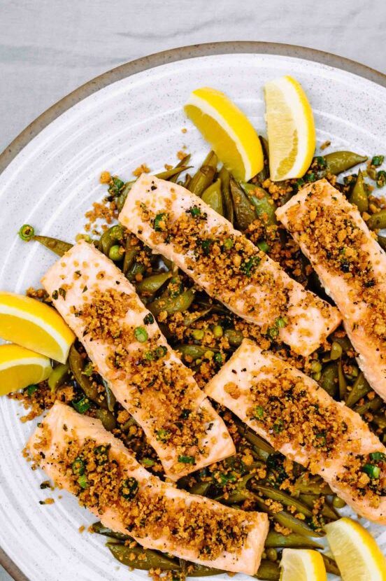 Pan-roasted salmon topped with buttery, crunchy breadcrumbs