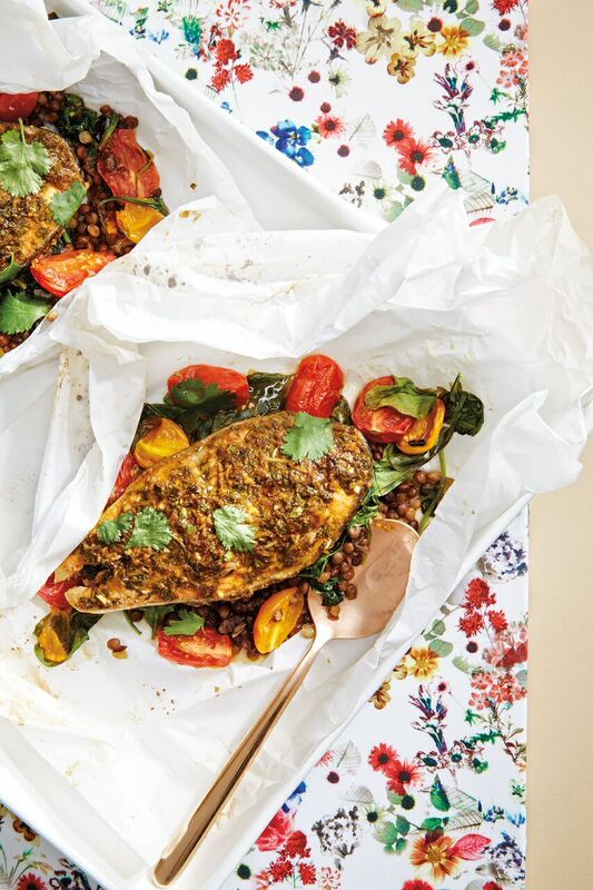 Gluten-Free Salmon and Lentils en Papillote with Cilantro Pesto Recipe