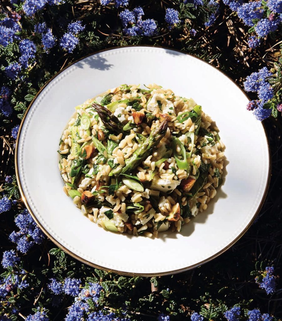 Gluten-Free Roasted Asparagus and Oat Berry Salad with Feta, Almonds, and Mint Recipe