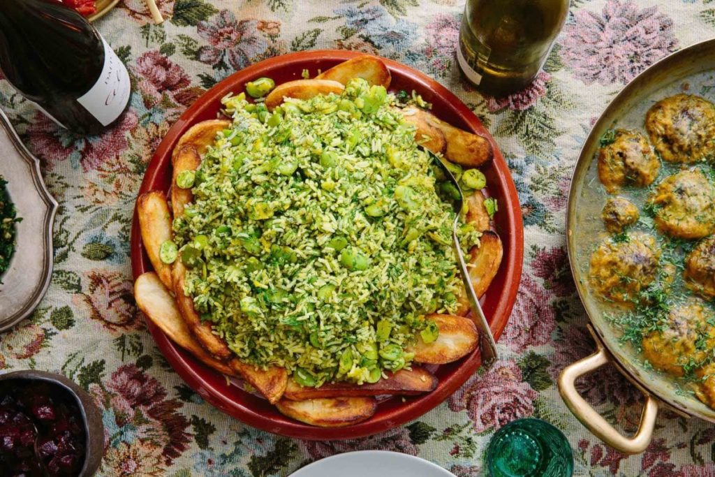 Gluten-Free Saffron Fava Beans and Rice with Fried Potatoes