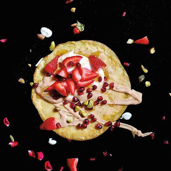 Strawberry and Tahini Crepe with Pomegranate Seeds and Toasted Pistachios